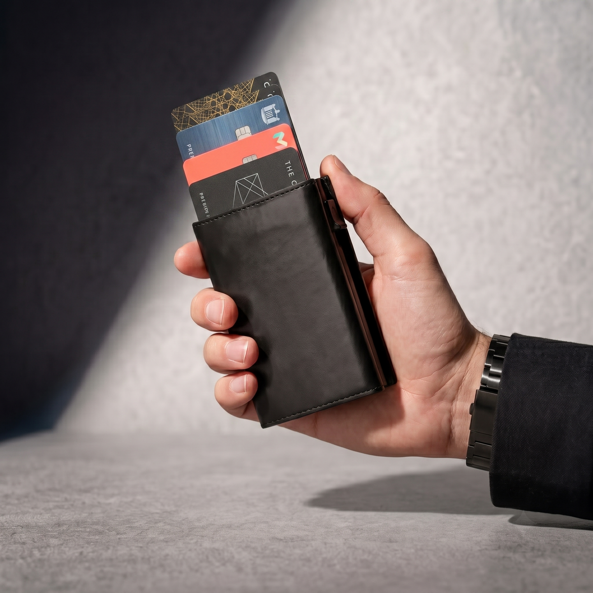 Smart Wallet Shieldge noir - éjection automatique des cartes en main
