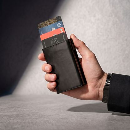 Smart Wallet Shieldge noir - éjection automatique des cartes en main
